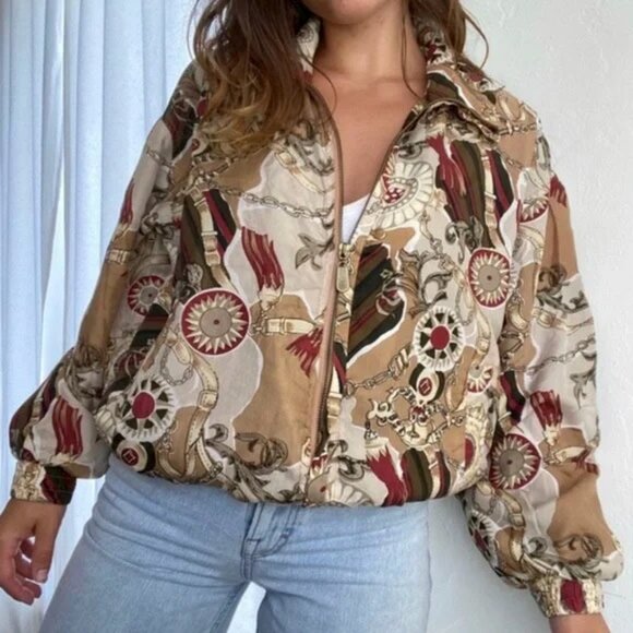 Coaco Womens Vintage New Old Stock Scarf Print Silk Bomber Jacket M/L NWT - Picture 14 of 15